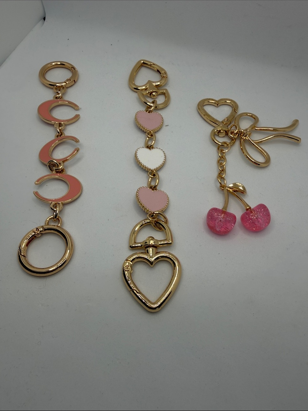 Heart, Bow & Cherry Keychain Set in Gold & Pink